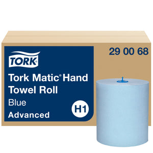 Tork Matic Hand Towel Roll 290068 carton, navy panel reading Blue Advanced with an H1 badge, beside a plain blue roll with a blue centre plug