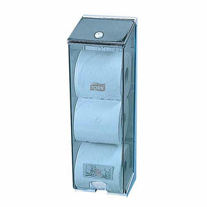 Tork Triple Conventional Toilet Roll Dispenser T4 Blue showing the blue plastic triple-roll housing with lockable front door open, three T4 roll capacity visible, wall-mount bracket and elevation design detail