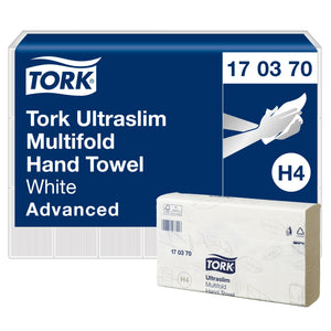 Tork Ultraslim Multifold Hand Towel 170370 panel reading White Advanced with an H4 badge, beside a white towel bundle in its wrapper