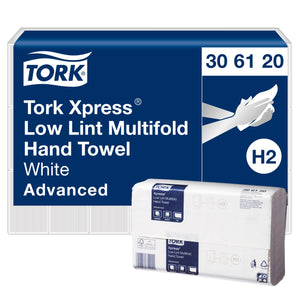 Tork Xpress Low Lint Multifold Hand Towel 306120 panel reading White Advanced with an H2 badge, beside a white towel bundle in its wrapper