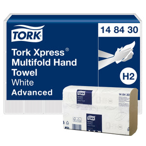 Tork Xpress Multifold Hand Towel 148430 panel reading White Advanced with an H2 badge, beside a white embossed towel bundle in its wrapper