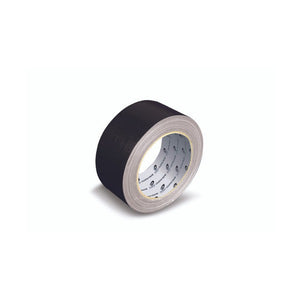 Black Olympic cloth tape roll, 50mm wide, photographed at an angle on a white background with the fabric edge and the printed Olympic Cloth Tape core visible