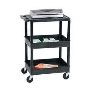 Tuffy black three tier tub trolley with a flat top shelf and handle at one end, two deep tubs holding boxed stationery, four castors and a laminator on top