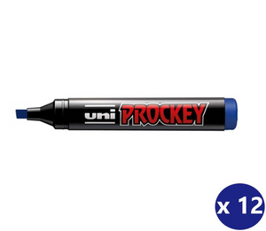 A single Uni Proockey marker pen shown horizontally on a plain white background, with a blue circular 'x 12' badge in the bottom-right corner. The marker body is black with a red and white 'uni PROCKEY' logo and blue end cap and tip.