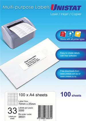 Unistat Multi-purpose Labels pack front for laser, inkjet and copier printing, with a desktop printer feeding label sheets, an addressed envelope and a lower panel showing 100 x A4 sheets, label size 70mm x 25mm, 33 labels per sheet, 3300 per pack, re-order code 38931.