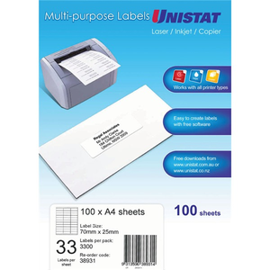 Unistat Multi-purpose Labels pack front for laser, inkjet and copier printing, with a desktop printer feeding label sheets, an addressed envelope and a lower panel showing 100 x A4 sheets, label size 70mm x 25mm, 33 labels per sheet, 3300 per pack, re-order code 38931.