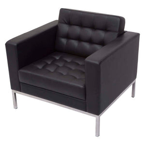Rapidline Venus one seater lounge in black PU with button stitched seat and back on a stainless steel frame, front three quarter view