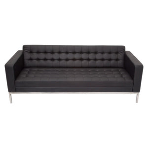 Rapidline Venus three seater lounge in black PU with button stitched back and seat on a stainless steel underframe, front view