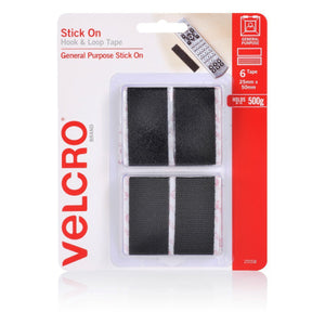Velcro Brand Stick On Hook and Loop Tape pack front showing black 25mm x 50mm rectangles behind a clear blister, with 6 Tape and Holds up to 500g on the red panel