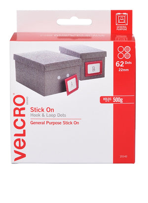 Front of the Velcro Brand V20143 box labelled Stick On Hook and Loop Dots, 62 Dots 22mm, holds 500g, with a picture of grey storage boxes with label tags
