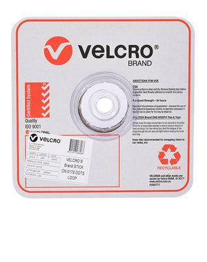 Velcro Brand V28806 22mm white stick on loop spots on a roll in a square Velcro Brand box, front view, with the red Velcro logo, a product label and a recyclable mark on the front