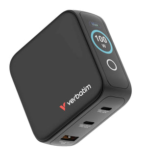 Verbatim Mini GaN Charger 100W with Display 30242 in black, angled view showing the front touchscreen display