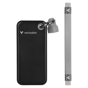 Verbatim Pocket SSD in black with a grey keyring clip, beside its short flat grey cable with USB-C plugs at both ends
