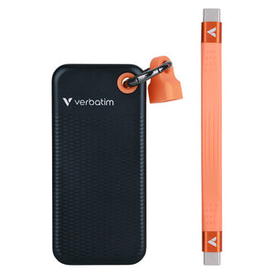 Verbatim Pocket SSD with black textured body and orange keyring clip, shown with its flat orange USB-C cable