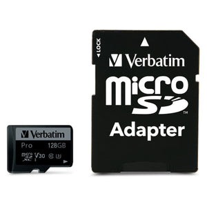Verbatim Pro 128GB microSDXC card shown with the black Verbatim microSD adapter that has a lock switch on its edge