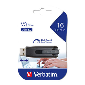 Verbatim Store n Go V3 USB 3.0 grey flash drive 16GB with connector extended, front view on white background
