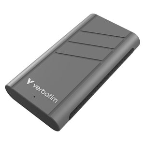 Verbatim TurboMetal external SSD in dark grey metal with angled panel lines and the Verbatim logo, viewed from above