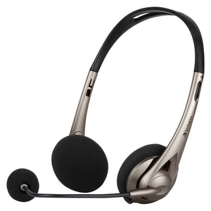 Verbatim USB-A headset with black headband, silver grey arms, black foam ear pads and a boom microphone swung forward