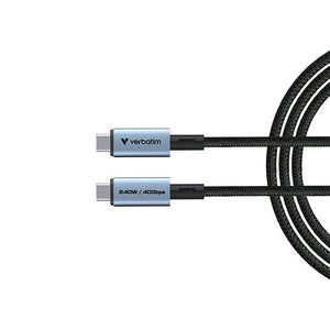 Verbatim USB-C to USB-C Cable 120cm with aramid fibre reinforcement and USB4 40Gbps 240W rating shown against white background