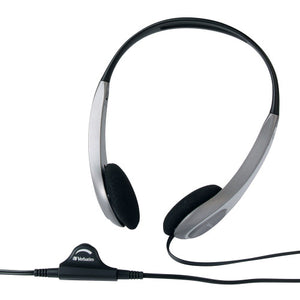 Verbatim stereo headphones with black headband, silver grey arms, black foam ear pads and a black in-line volume wheel on the cable
