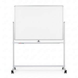 Visionchart CM1290 Chilli mobile whiteboard shown front on against a white background, a white magnetic board held in a silver pivoting frame with a full width pen rail and four black castors on a wide base.