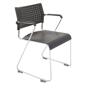Rapidline Wimbledon chair with arms, front three quarter view showing the black perforated shell, chrome arms and sled base.
