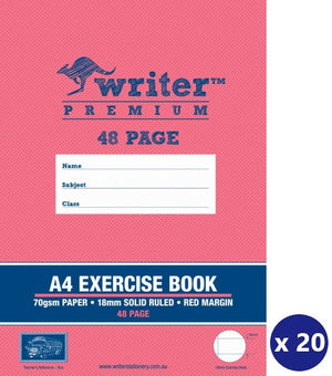Writer Premium Exercise Book A4 48 Page 18mm Solid Ruled Red Margin Bus Cover Pack 20 — front cover