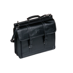 Waterville WSL-98 Softline organiser briefcase in black with a front flap closed by two straps and buckles, a stitched top handle and a shoulder strap attached by clips
