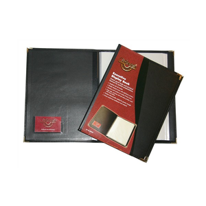 Waterville W94A4 Executive Display Book in black shown open with a Waterville card in the inside cover window and gold coloured corners, beside a second book in its printed retail sleeve