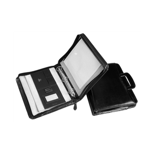 Waterville WL-36A4 workstation in black, one case opened to show a three ring binder, a lined writing pad and left panel pockets, beside a closed case with a carry handle
