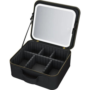 Black Wellcare cosmetic bag open with the LED mirror in the lid lit up and empty grid dividers below, on a white background