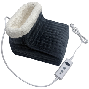 Navy plush Wellcare electric foot warmer with a cream sherpa cuff, corded controller and plug, on a white background