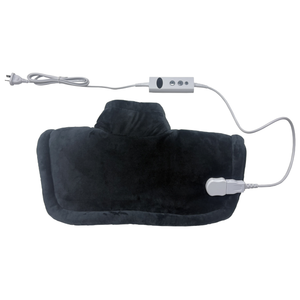 Charcoal plush Wellcare neck and shoulder heating pad with its corded controller and plug, on a white background