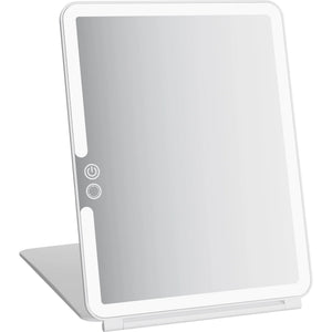 White Wellcare foldable LED makeup mirror standing on its fold-out cover, with two touch buttons on the front, on a white background