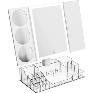 White tri-fold Wellcare LED Beauty Mirror standing on its empty clear acrylic organiser base, front view on a white background