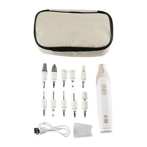 Wellcare manicure and pedicure kit laid out with a beige storage pouch, attachments, the handpiece, a USB cable and a clear cap