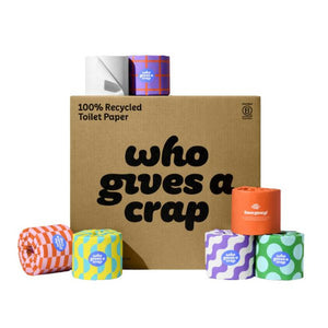 Who Gives A Crap Recycled Toilet Paper 3-ply carton of 48 double-length rolls front pack shot on white background