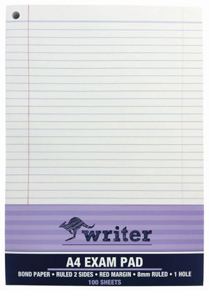 Writer A4 exam pad front with a red margin, a punched hole top left and a lilac band reading A4 Exam Pad, 100 Sheets