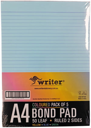 Shrink wrapped Writer A4 coloured bond pad pack with a band reading Coloured Pack of 5, 50 Leaf, Ruled 2 Sides, Yellow Blue Green