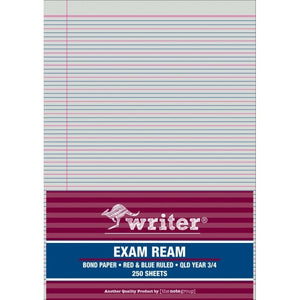 Writer exam ream with a maroon striped wrapper printed bond paper, red and blue ruled, QLD Year 3/4, 250 sheets, over a closely lined sheet