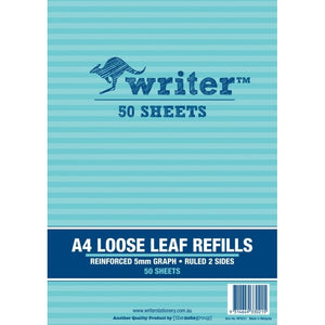 Aqua striped cover of the Writer A4 loose leaf refills pad printed Reinforced 5mm Graph, Ruled 2 Sides, 50 Sheets, item number NP6031