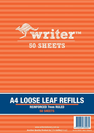 Orange striped cover of the Writer A4 loose leaf refills pad printed Reinforced 7mm Ruled 50 Sheets, with barcode and item number NP6003