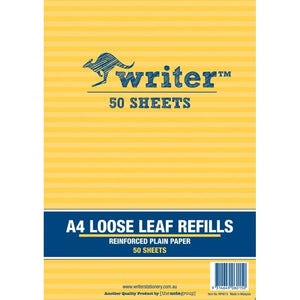 Yellow striped cover of the Writer A4 loose leaf refills pad printed Reinforced Plain Paper 50 Sheets, barcode and item number NP6015