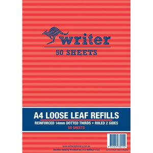 Front of the red striped Writer A4 loose leaf refills pack printed reinforced 14mm dotted thirds, ruled 2 sides, 50 sheets, with barcode