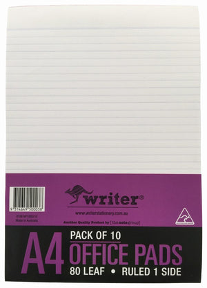 Writer A4 office pad with a purple and black band reading Pack of 10, A4 Office Pads, 80 Leaf, Ruled 1 Side