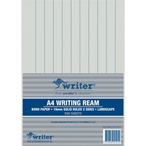 Writer A4 Writing Ream in a grey striped wrapper printed Bond Paper, 18mm Solid Ruled 2 Sides, Landscape, 500 Sheets, with barcode panel
