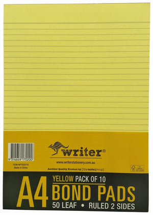 Writer A4 yellow bond pad with a yellow and black wrapper band reading Yellow Pack of 10, 50 Leaf, Ruled 2 Sides
