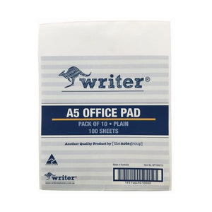 Single Writer A5 office pad in its striped wrapper with a navy band reading A5 Office Pad, Pack of 10, Plain, 100 Sheets
