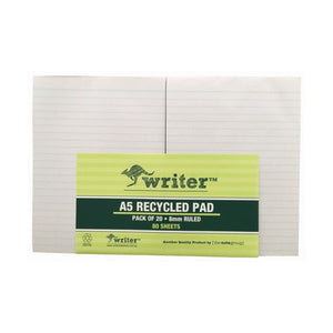 Two Writer A5 ruled pads side by side under a green striped band printed A5 Pack of 20, 8mm Ruled, 80 Sheets