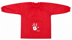 Writer NP8757 red polyester art smock photographed flat with both long sleeves spread out, gathered red cuffs and collar, and a front pocket printed with a white handprint and Writer logo